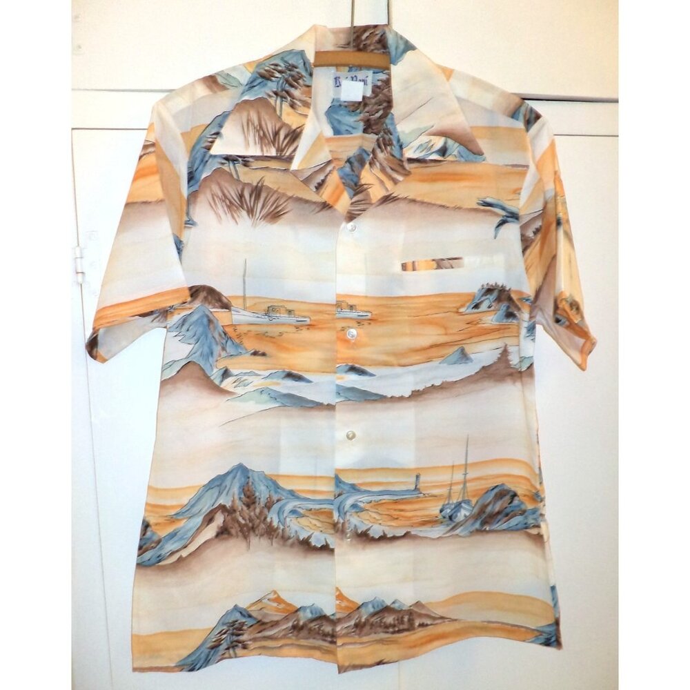 Vtg KAI NANI Hawaii HAWAIIAN SHIRT Size M Scenic Orange Blue Cream - Polyester